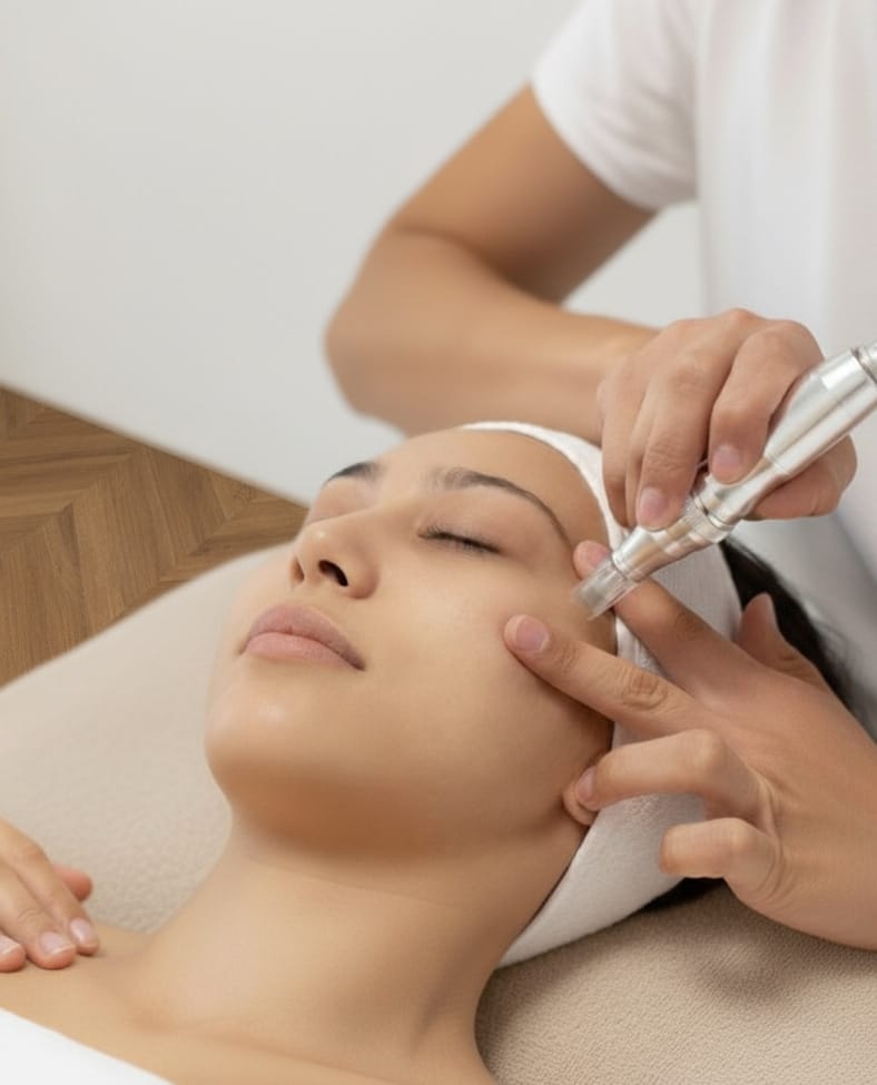 Microneedling médico con Dermapen en la mejilla realizado en Clínica Etérea, Valencia.