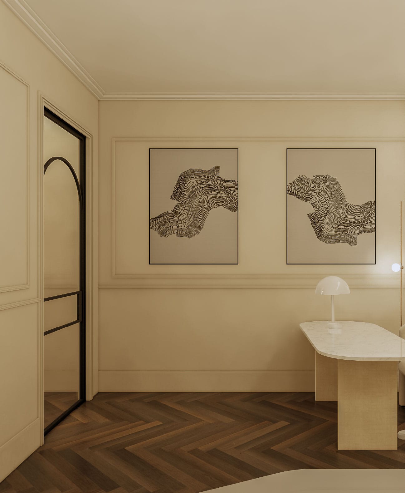 Interior del despacho médico de la Clínica Etérea con detalles de arte y mobiliario en tonos neutros que refuerzan la armonía visual.