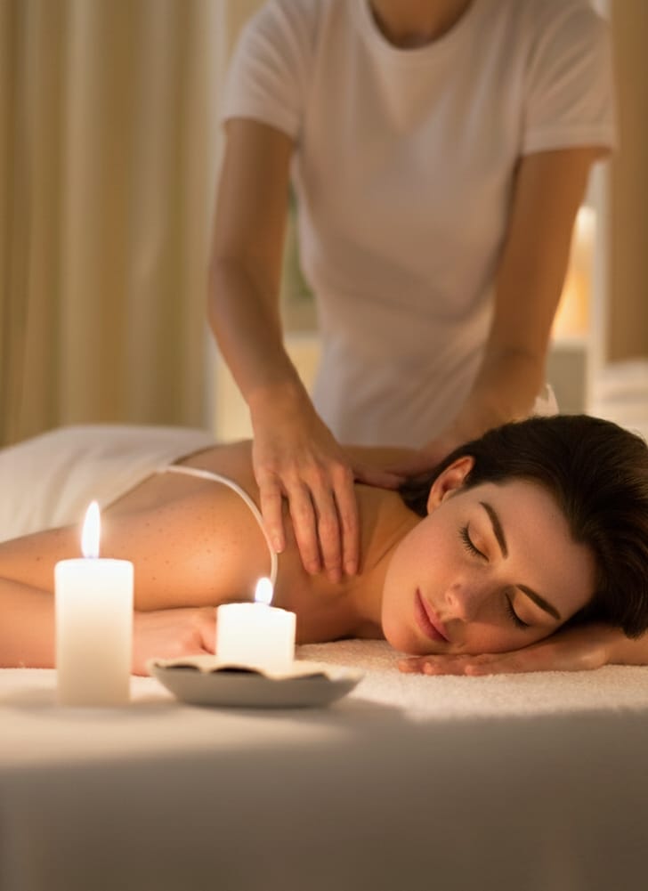 Mujer disfrutando de un masaje relajante y antiestrés en un ambiente de bienestar con velas en Clínica Etérea Valencia.