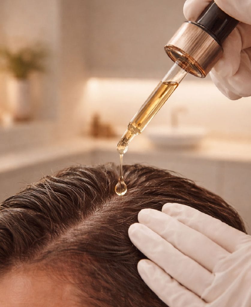 Aplicación de tratamiento médico anticaída con pipeta sobre cuero cabelludo en Clínica Etérea Valencia.