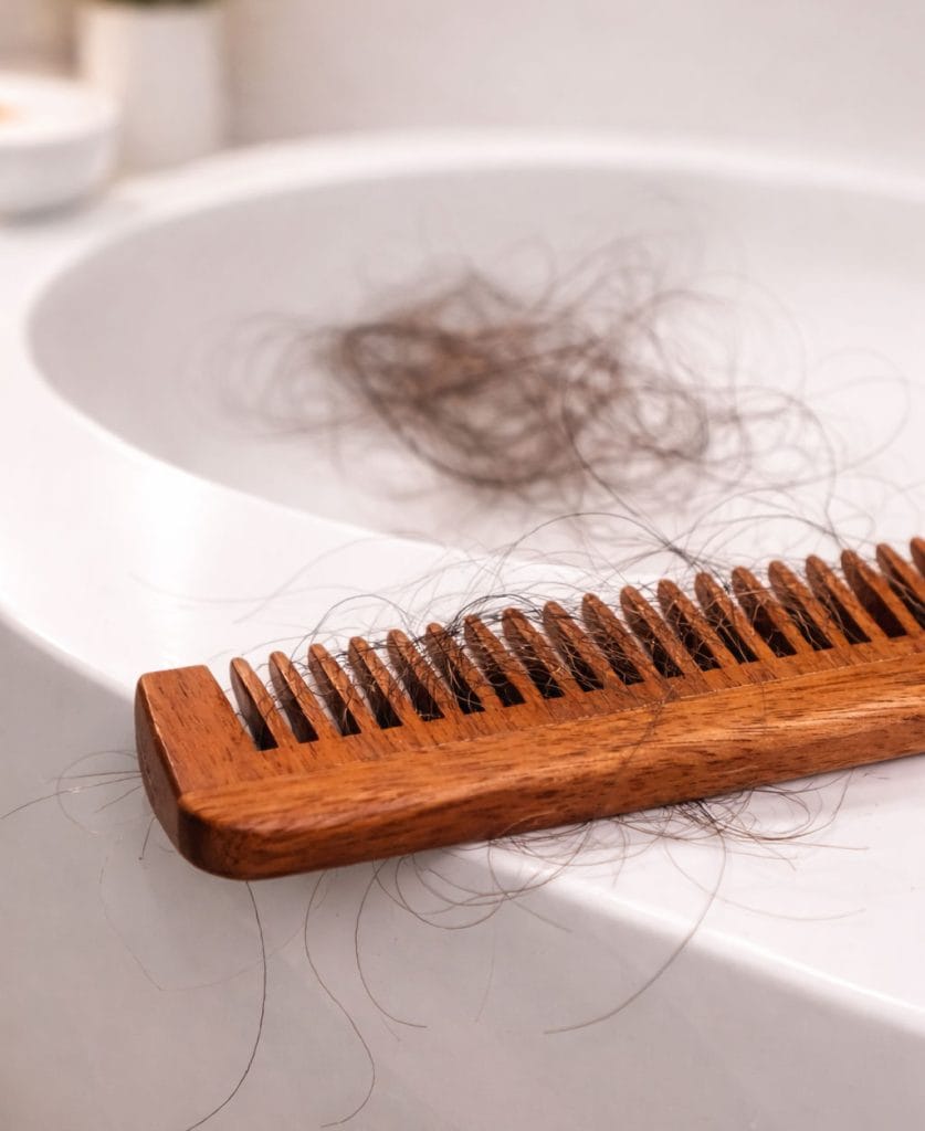 Caída del cabello visible en peine sobre lavabo en Clínica Etérea Valencia, imagen representativa de pérdida capilar y alopecia.