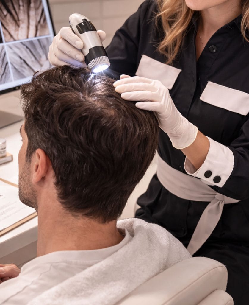 Especialista en medicina capilar realizando diagnóstico de alopecia con dermatoscopio digital en Clínica Etérea Valencia.