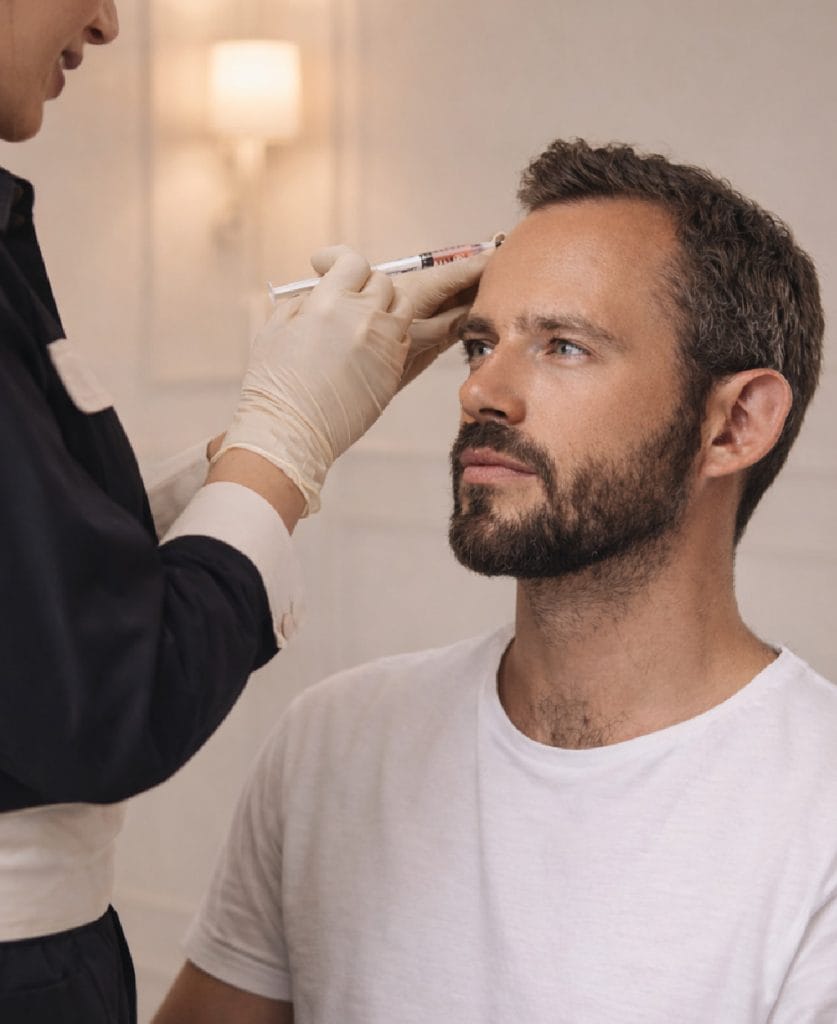 Tratamiento de PRP capilar en hombre realizado por médica especialista en Clínica Etérea Valencia para frenar la caída del cabello y estimular el crecimiento capilar.