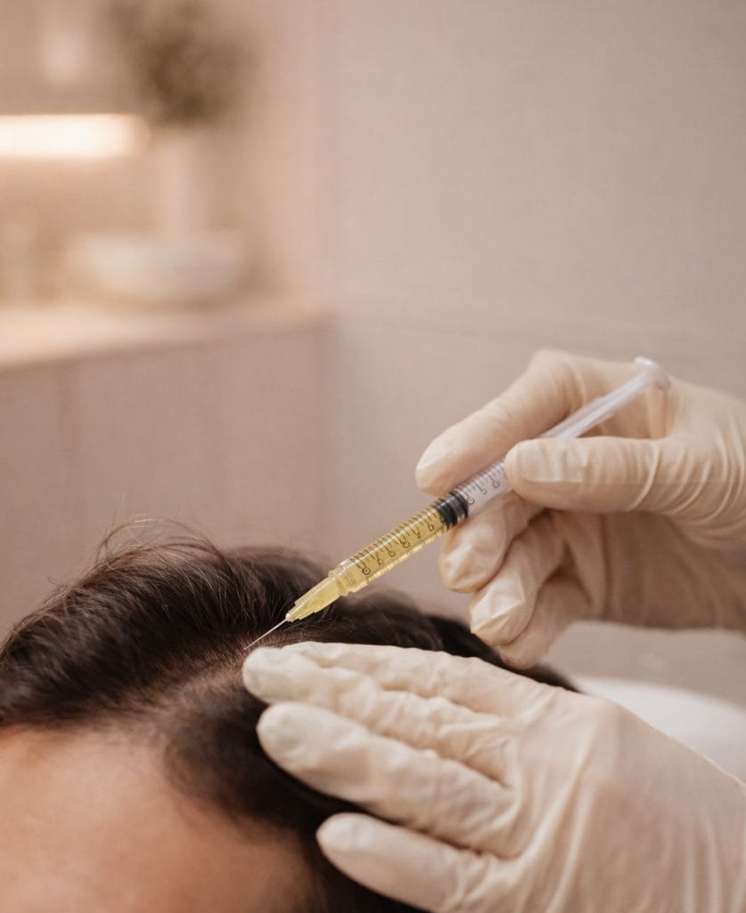 Plano detalle de microinyecciones en cuero cabelludo realizadas en Clínica Etérea Valencia para estimular el crecimiento capilar y frenar la caída del cabello.